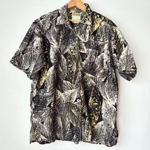 Esprit Corduroy Black, Gray and Yellow Leaf Print Shirt Raindrops  Vintage Shirt